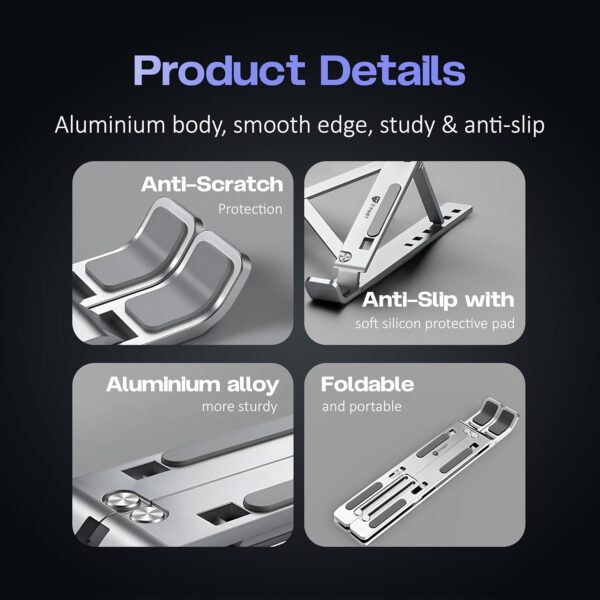 Teqdesk Laptop Stand for Desk with 7 Adjustable Angles, Aluminum Ergonomic Foldable Portable with Pouch, Cable Protectors(Metallic Grey) - Image 3